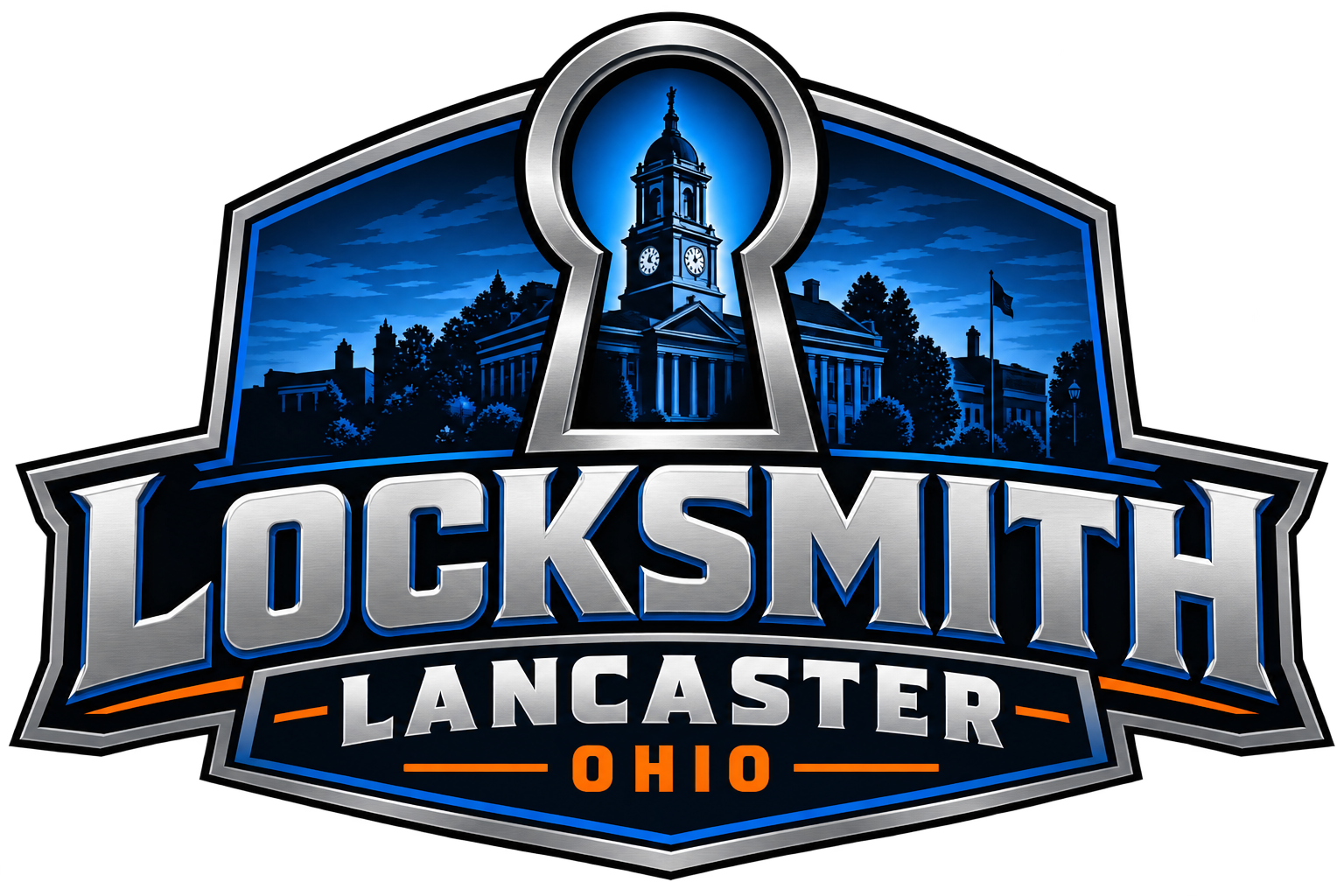 Locksmith Lancaster Ohio logo featuring a keyhole silhouette over a courthouse skyline in blue and silver tones.